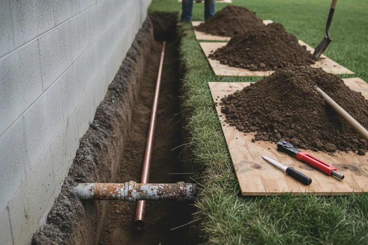 Excavated water line trench during Water Softener Installation in Ellenton